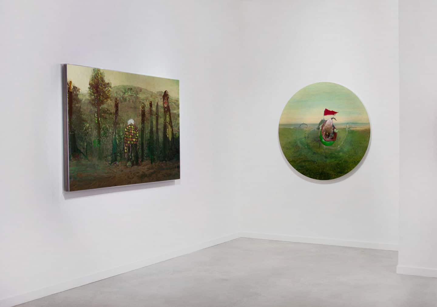 Alex Fischer, (LEFT) Beyond The Fall, 2011. (RIGHT) The Infant And The Garden Hose, 2011 installed in 'Beyond The Fall' at O'Born Contemporary